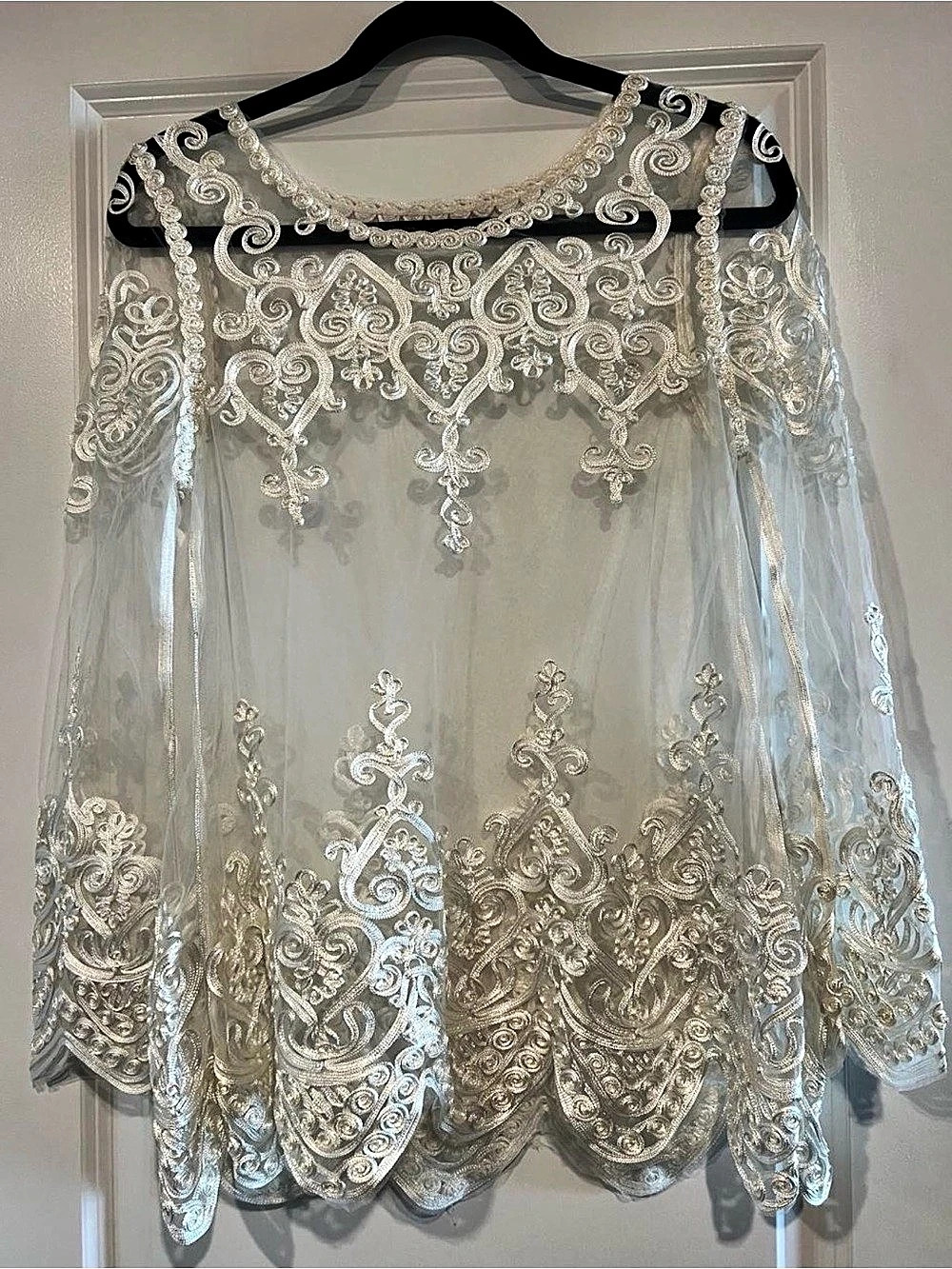 Embroidered Blouse in White & Silver Like New